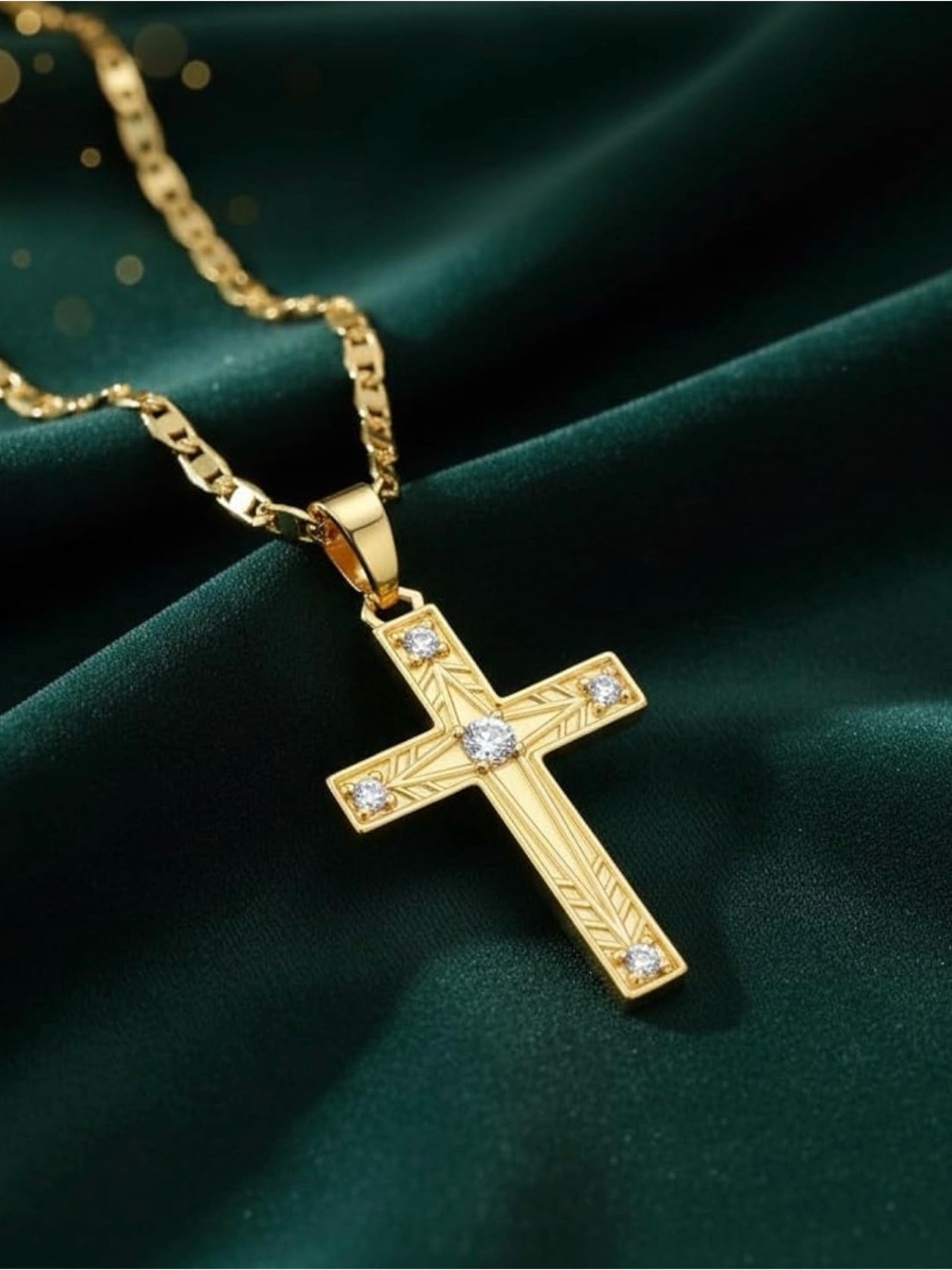 14k Gold Cross Pendant Necklace with Clear Accent Stones - Women Jewelry